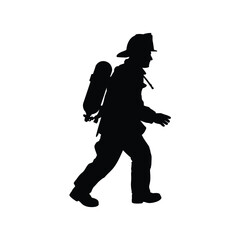 Silhouette of a firefighter in action with a backpack