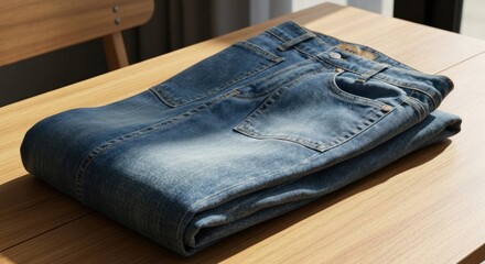 Folded blue jeans on a light wooden table under bright sunlight