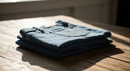 Folded blue jeans on wooden table; sunlight