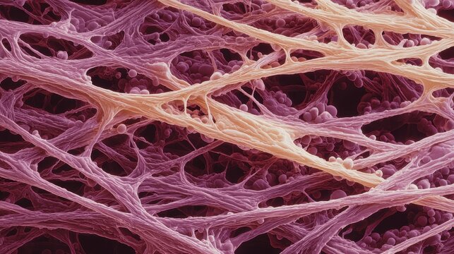 Microscopic view of connective tissue showcasing intricate fiber structures and cellular formations