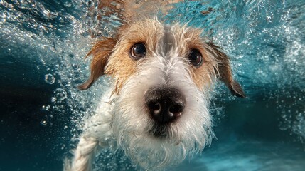 Funny dog swims underwater with curious expression in clear blue water at daytime, capturing a playful moment full of personality and charm