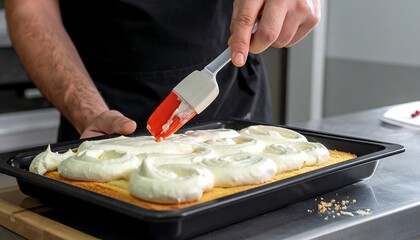 Baking a cake applying frosting swirls with a spatula on a golden rectangular cake in a dark baking sheet