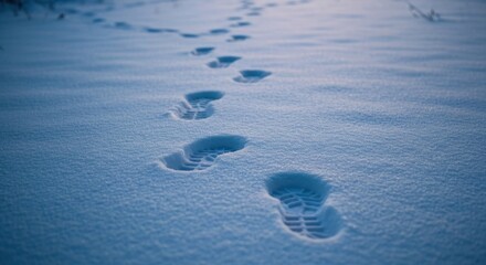 Footprints in snow path. Soft light, cool tones, wintery scene, outdoor