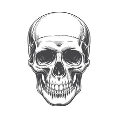 Detailed sketch of a human skull in black and white