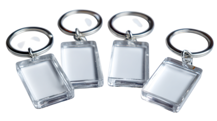 Four clear square keychains with silver rings displayed set of four transparent square keychains features silver hardware