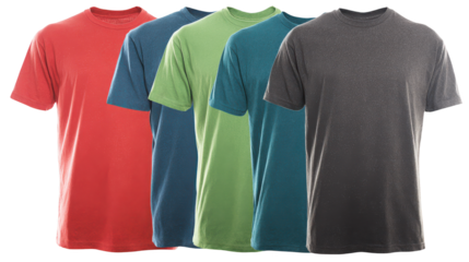 Five men s t shirts displayed in varying colors different colored men s casual t shirts arranged