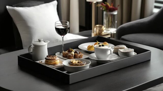 Gourmet Breakfast Tray: A meticulously arranged breakfast tray, set on a modern table, features an elegant selection of pastries, gourmet treats, and a glass of red wine, all within a sophisticated.
