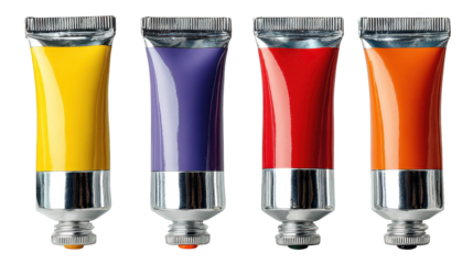 Four colorful paint tubes stand ready for artistic use each paint tube displays distinct color for artistic projects