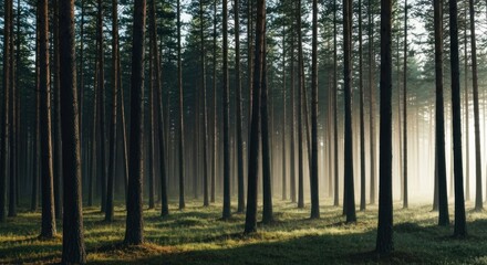 Obraz premium Forest of tall, slender trees with sunlight filtering through. Green mossy ground
