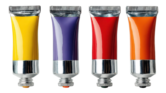 Four colorful paint tubes stand ready for artistic use each paint tube displays distinct color for artistic projects