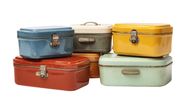 Four colorful metal containers arranged as group these are four distinct colored metal containers