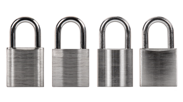 Four distinct padlocks display varied sizes and colors picture shows four padlocks each unique in size and color
