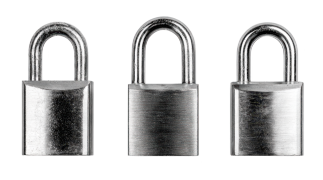 Three padlocks shown on dark background shiny metal padlocks provide security on black backdrop
