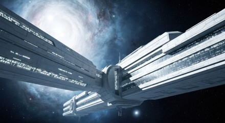 Futuristic, bright space station with nebula backdrop in a vast cosmic scene