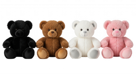Four plush teddy bears isolated on a transparent background