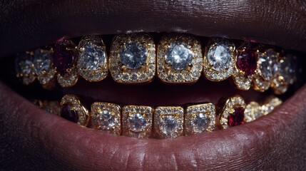 Stunning gold and diamond grillz shine brightly in close-up view, showcasing exquisite craftsmanship and bold luxury in a unique fashion statement