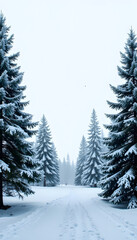 Fototapeta premium Snowy winter forest with pine tree silhouettes, tranquil serenity