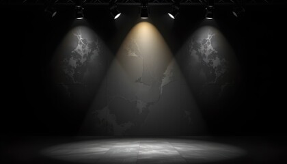 A staged setting that resembles an empty concert venue with a central stage area illuminated by spotlights