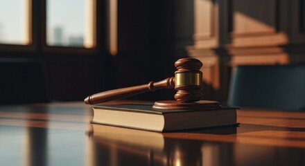 Gavel resting atop book, wooden table, courtroom backdrop, soft lighting