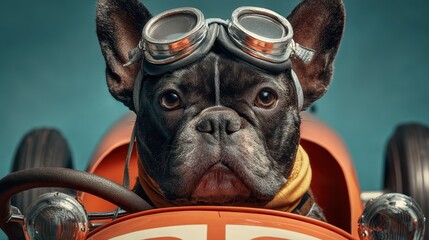 Funny French bulldog wearing goggles drives a pedal car with serious expression and a playful vibe, showing unique personality in a charming setting