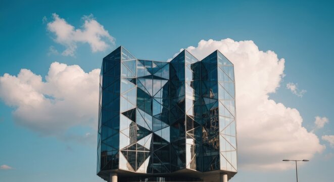 Geometrical glass building with triangular facets under bright blue sky and white clouds - Powered by Adobe