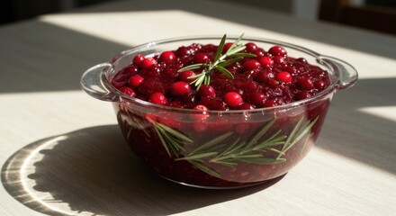 Glass bowl of cranberry sauce, rosemary garnish, on table in bright light