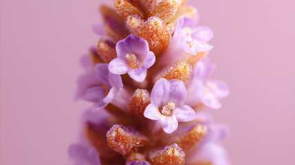 A close-up view of a lavender flower spike showcasing tiny blossoms. The soft pink background enhances the vibrant purples and warm tones of the flowers, creating a serene and calming atmosphere
