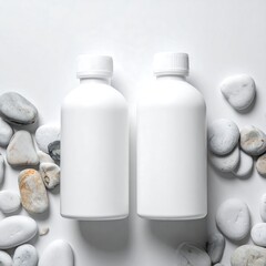 Two blank white bottles surrounded by stones on a white background