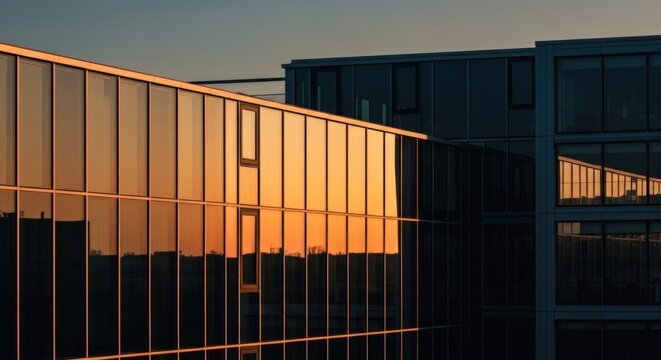Glass building reflects golden sunset, dark building behind