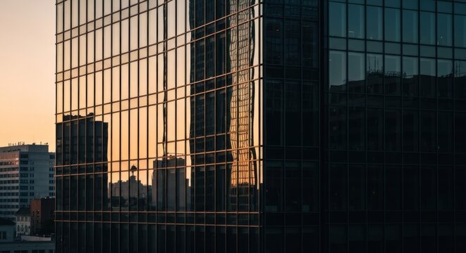Glass building reflects sunset with other buildings in its windows