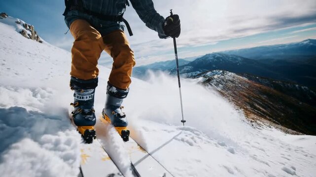 First-person skiing POV through flying snow, fast action perspective capturing winter adrenaline and the power of freedom