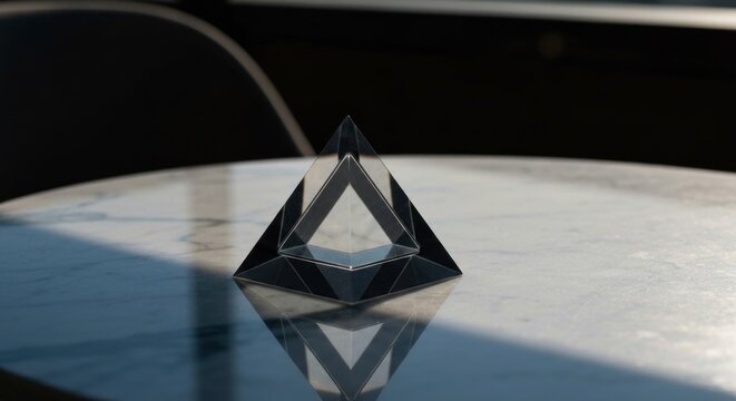 Glass pyramid object reflects on a marble surface, softly lit indoors - Powered by Adobe