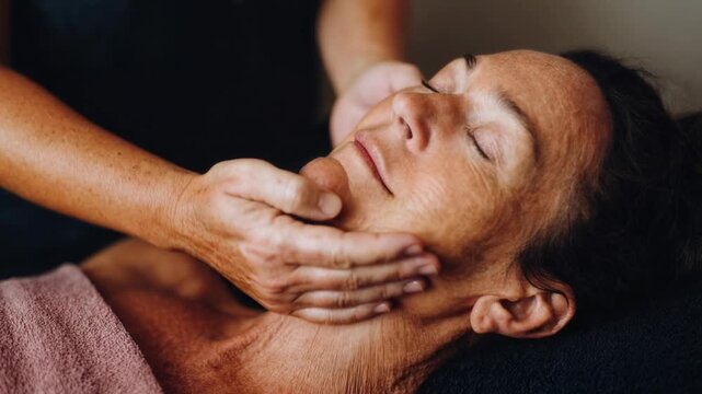 Spa therapist performing slow neck massage, soft ambient light and gentle hands expressing care, trust, and deep relaxation
