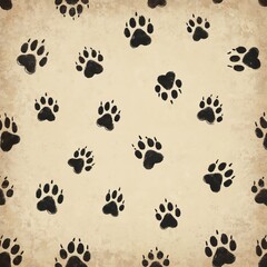 Fototapeta premium Black paw prints repeat on distressed beige textured background. Animal tracks create simple graphic seamless pattern. Used for fabric wallpaper decor and kid design.