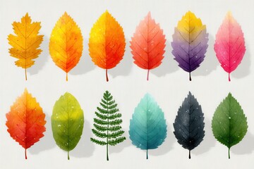 Obraz premium Colorful illustration of various seasonal leaves in a symmetrical arrangement