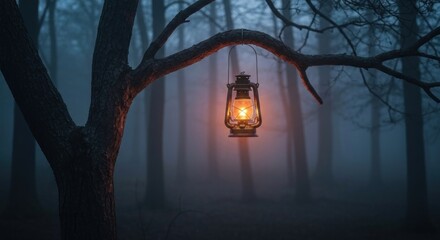Glowing lantern hangs from tree branch in foggy, dark forest at night