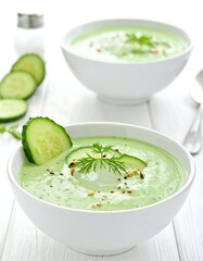 Two bowls of pale green cucumber soup, garnished with cucumber slices and herbs