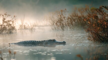 Alligator swimming in calm water with fog. Wild reptile in its natural habitat during sunrise. Wildlife and nature.