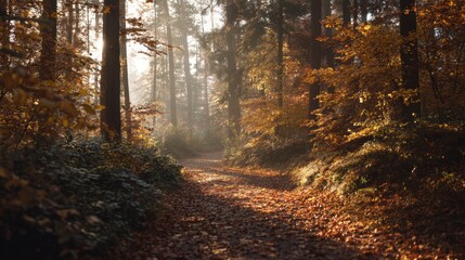 Obraz premium Empty trail through a dense forest filled with fallen autumn leaves and bright sunshine. Scenic path for nature and tranquil travel.