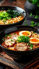 Two bowls of ramen with pork, egg, and noodles
