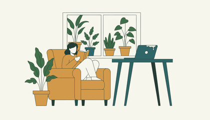 A cozy reading nook by a window filled with houseplants where a person is lost in a novel while a laptop gathers dust on a desk nearby.