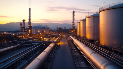 Large refinery with pipes tracks and orange lights at evening, clean industry footage of tanks chimneys and steel pipeline system in 4k.