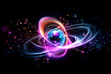 Obraz premium Glowing atom displays swirling orbits of energy and particles against a black cosmic backdrop, creating a mesmerizing visual effect.