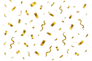 Golden confetti falling, celebrating special party event, shiny streamer elements on transparent background