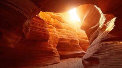 Sunlight illuminating the smooth sandstone walls of a slot canyon. Natural rock formation with wavy textures. Arizona desert landscape.