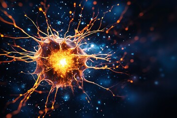 Fototapeta premium Glowing Neuron Cell is Shown with Dendrites Expanding Outward on a Dark Blue Background.