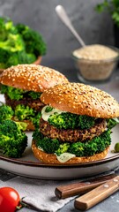 Two broccoli-topped veggie burgers on buns, topped with a light sauce