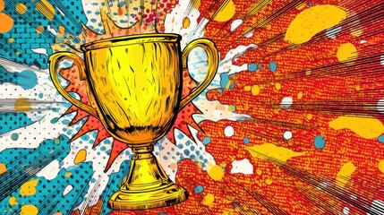 Golden trophy cup on comic book pop art background. Victory, success, and achievement concept. Celebration of winning.