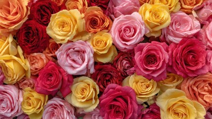 Naklejka premium Full frame closeup of multiple colorful rose flower head. Love, romance, and celebration concept. Spring blooming floral texture background.
