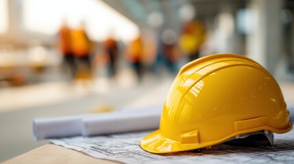 Yellow hard hat on blueprint plans at construction site with blurred workers in background. Safety equipment planning.